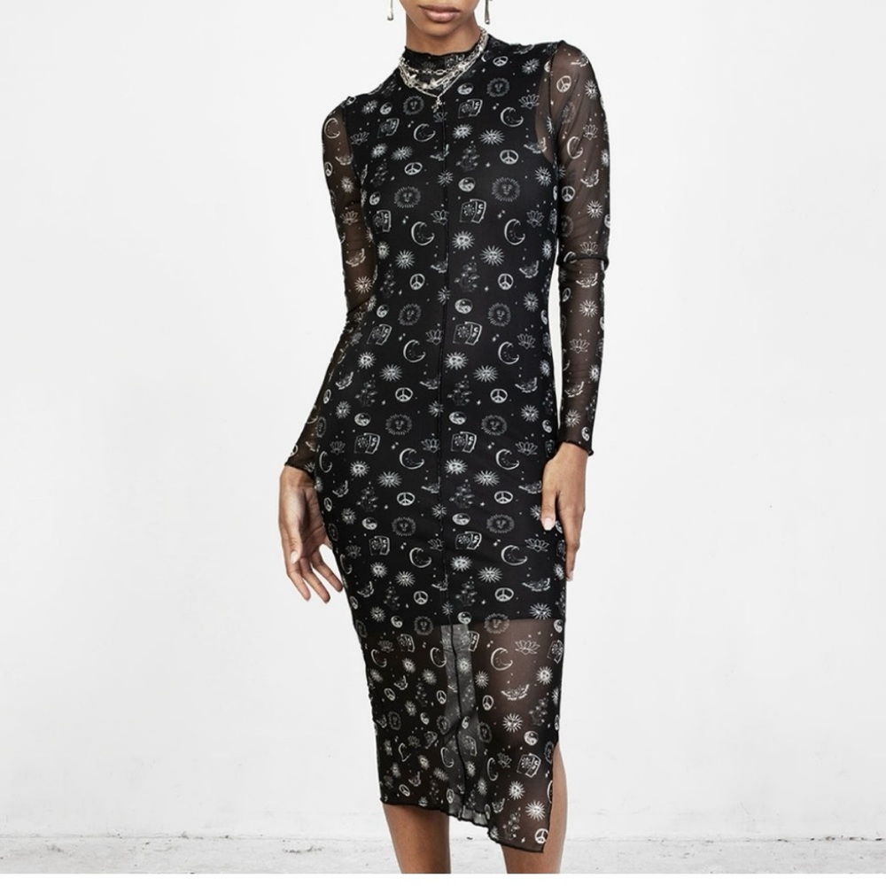 Disturbia Black Sheer Long Sleeve Midi Dress with Silver Celestial Print